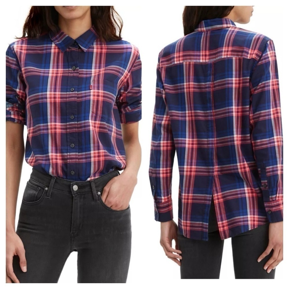 Levi's Women's Ultimate Cotton Plaid Button Back Shirt Blue Size XS